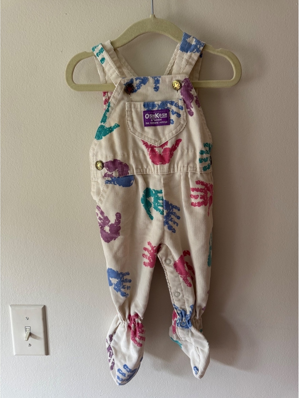 VTG Oshkosh Handprint Corduroy Footed Overalls